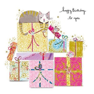 a birthday card with a cat laying on top of a pile of gifts .