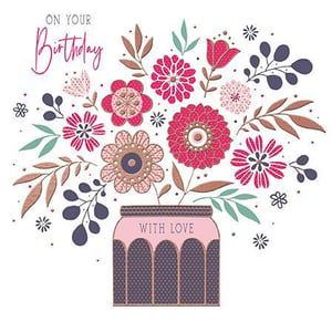 a birthday card with a vase filled with flowers and leaves .