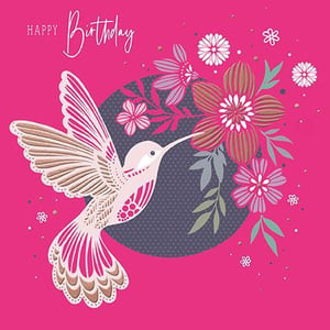 a happy birthday card with a hummingbird and flowers on a pink background .