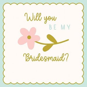 a will you be my bridesmaid card with a pink flower on a blue background .