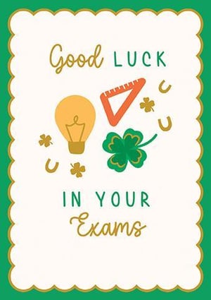 a card that says `` good luck in your exams '' with a light bulb , ruler , and clover .