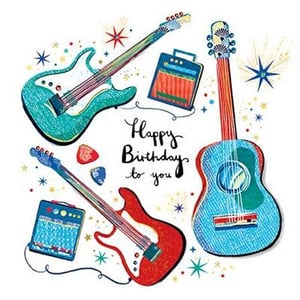 a birthday card with three guitars and amplifier on it .