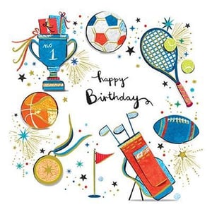 a happy birthday card with a trophy , soccer ball , tennis racket , golf club , golf bag and medal .