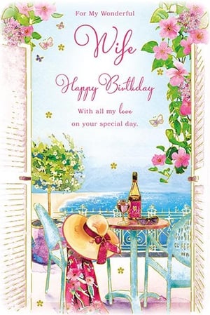 Help your customers celebrate their wonderful wives with this exquisite birthday card from Paper Rose. This charming design features a beautiful watercolour illustration, transporting you to a serene Mediterranean balcony scene. Overlooking the sparkling blue sea, a table set with wine, a glass, and sunglasses, alongside a stylish hat and floral dress, evokes a truly relaxing and romantic holiday vibe. Delicate pink flowers and graceful butterflies frame the heartfelt message: "For My Wonderful Wife Happy Birthday With all my love on your special day." Perfect for showing appreciation, this card is available in a convenient pack of 6, making it an ideal addition to your greeting card selection.