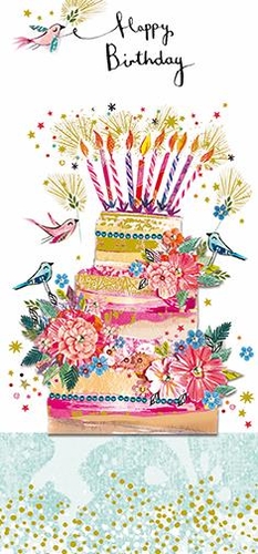 Celebrate special moments with our delightful Happy Birthday Tiered Cake Money Wallet, brought to you by Paper Rose. This charming design features a beautifully illustrated multi-tiered birthday cake, adorned with an abundance of vibrant flowers, lush foliage, and sparkling details. A cheerful array of lit candles crowns the cake, surrounded by festive glitter and whimsical birds, creating a truly celebratory scene.

The elegant 'Happy Birthday' script at the top adds a personal touch, while the rich, artistic style makes this money wallet a joy to give and receive. Perfect for gifting cash or a voucher, each wallet comes in a convenient pack of 6, ensuring you're always prepared for those important occasions. Make every birthday extra special with this exquisite design!