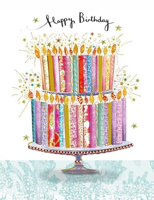 Send warm wishes with this delightful Open Birthday card from Paper Rose. Featuring a vibrant two-tier birthday cake, beautifully illustrated with an array of colourful, patterned candles, this design is truly eye-catching. Golden sparkles and stars burst around the cake, adding a touch of celebratory magic, while "Happy Birthday" is elegantly scripted above. Perfect for any female recipient, this card offers a cheerful and artistic way to mark a special day. Each pack contains 6 stunning cards, ready to bring joy to your customers.