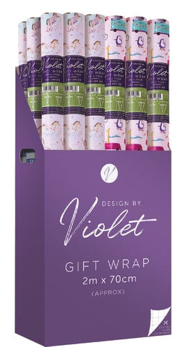 a box of violet gift wrap that is 2m x 70cm