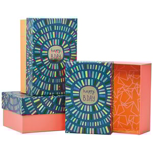 three boxes with the words happy b day on them