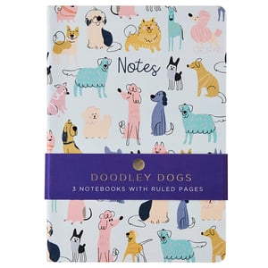 a notebook with a purple label that says doodley dogs
