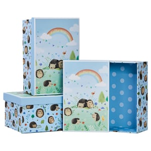 three boxes with hedgehogs and a rainbow on them