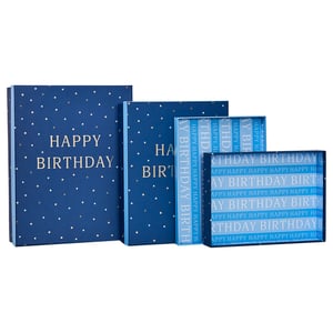 three blue boxes with the words happy birthday on them