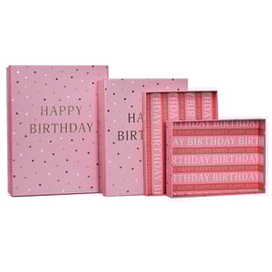 three pink boxes with the words happy birthday on them