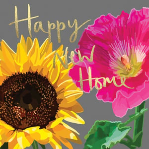 a sunflower and a pink flower are on a greeting card that says happy new home .