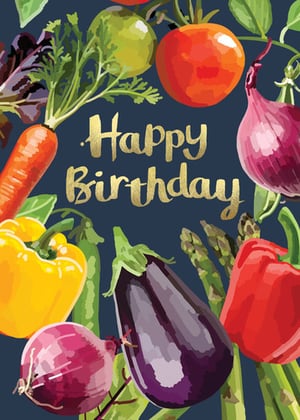 a birthday card with vegetables on it and the words `` happy birthday '' .