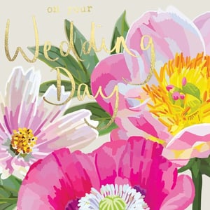 a wedding day card with pink and yellow flowers