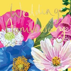a wedding anniversary card with colorful flowers on a yellow background
