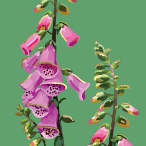 a painting of pink flowers on a green background