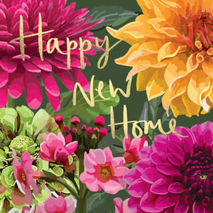 a happy new home card with flowers and the words `` happy new home ''