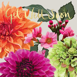 a get well soon card with flowers and the words get well soon