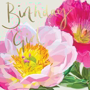 a birthday card with pink and white flowers and the words birthday girl