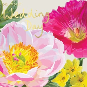 a wedding day card with pink and yellow flowers