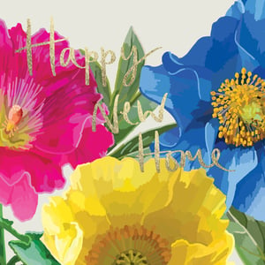 a painting of flowers that says happy new home