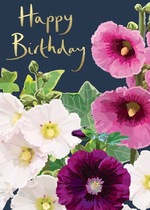 a birthday card with pink and purple flowers on a dark blue background .