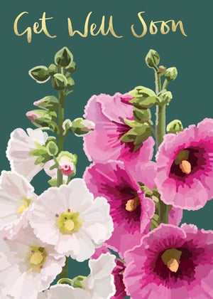 a get well soon card with pink and white flowers