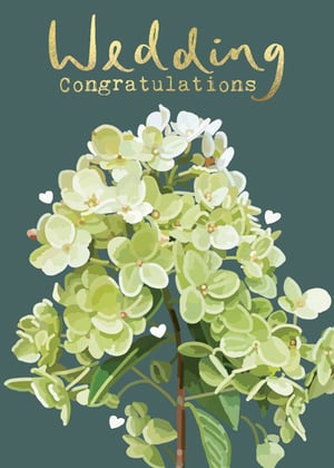 a wedding congratulations card with a bunch of green flowers and white hearts .