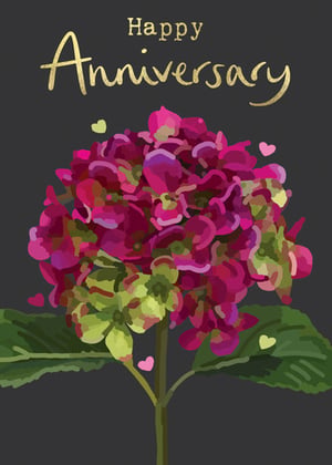 a happy anniversary card with a pink flower and hearts