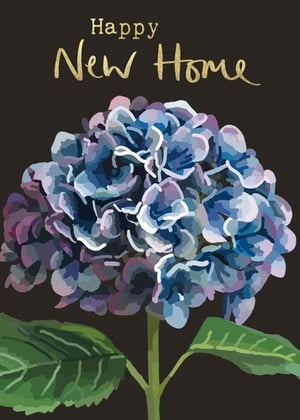 a happy new home card with a blue hydrangea on a black background .