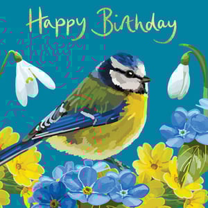 a birthday card with a blue and yellow bird surrounded by yellow and blue flowers