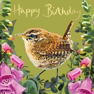 a birthday card with a bird and flowers and the words happy birthday