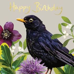 a birthday card with a black bird and purple flowers