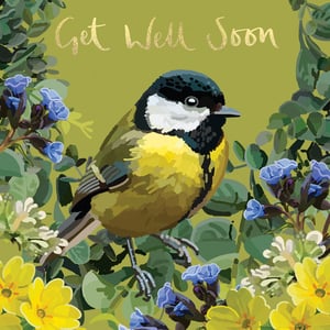 a get well soon card with a bird and flowers