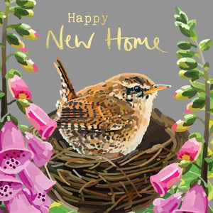a happy new home card with a bird in a nest