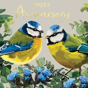 a happy anniversary card with two birds and blue flowers
