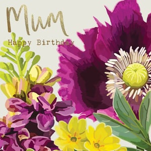 a birthday card for a mother with purple and yellow flowers .