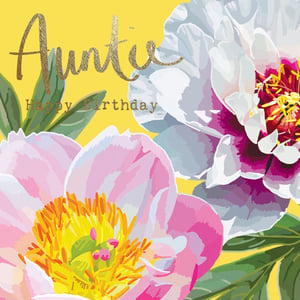 auntie happy birthday card with flowers on a yellow background