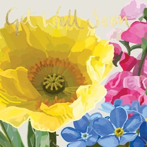 a yellow flower with the words get well soon written on it