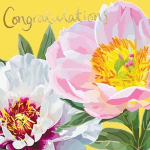 a congratulations card with pink and white flowers on a yellow background