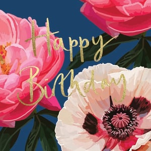 a birthday card with pink and white flowers and the words happy birthday