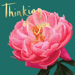 a pink flower with the words thinking of you above it