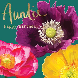 auntie happy birthday card with colorful flowers on a green background