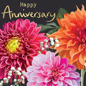 a happy anniversary card with pink and orange flowers