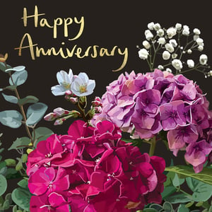 a happy anniversary card with pink and purple flowers