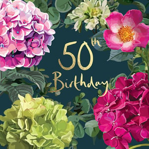 a 50th birthday card with pink and green flowers