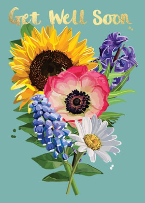 a get well soon card with a bouquet of flowers