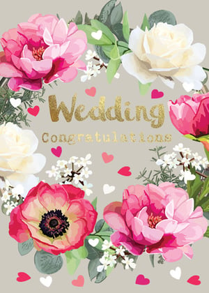a wedding congratulations card with flowers and hearts