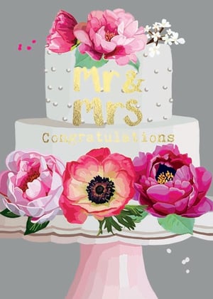 a painting of a wedding cake with pink flowers on a cake stand .